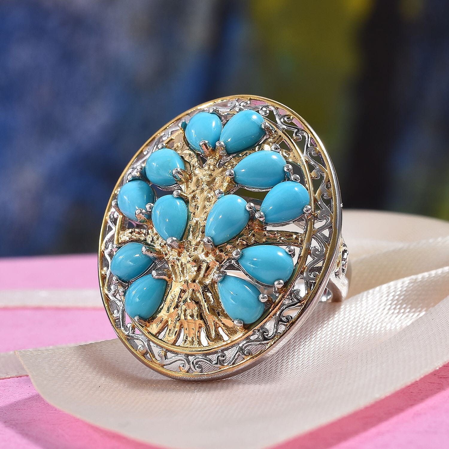 AA Arizona Sleeping Beauty Turquoise (Pear) Tree of life Ring in Platinum and Yellow Gold Overlay Sterling Silver 5.00 Ct, Silver wt 8.18 Gms