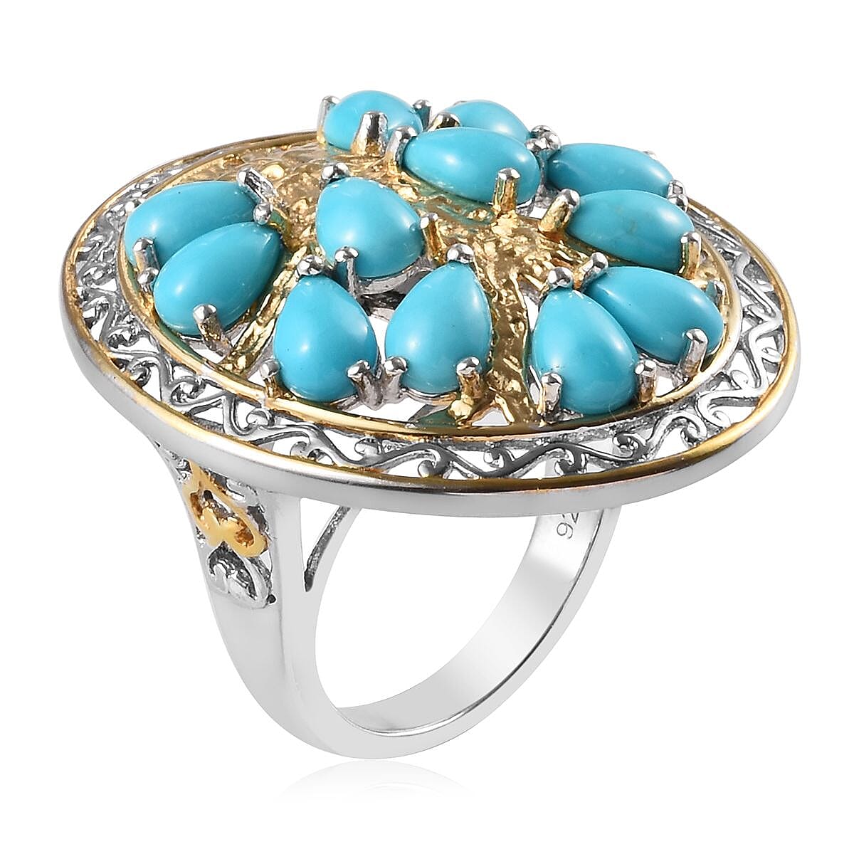 AA Arizona Sleeping Beauty Turquoise (Pear) Tree of life Ring in Platinum and Yellow Gold Overlay Sterling Silver 5.00 Ct, Silver wt 8.18 Gms