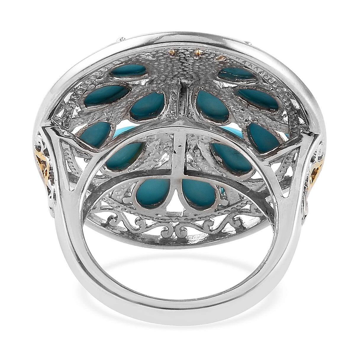 AA Arizona Sleeping Beauty Turquoise (Pear) Tree of life Ring in Platinum and Yellow Gold Overlay Sterling Silver 5.00 Ct, Silver wt 8.18 Gms