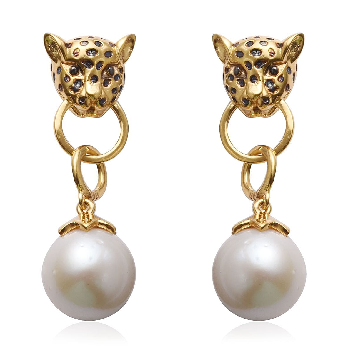 Edison Pearl Panther Head Drop Earrings (with Push Back) in 14K Gold Overlay Sterling Silver, Silver wt 10.45 Gms