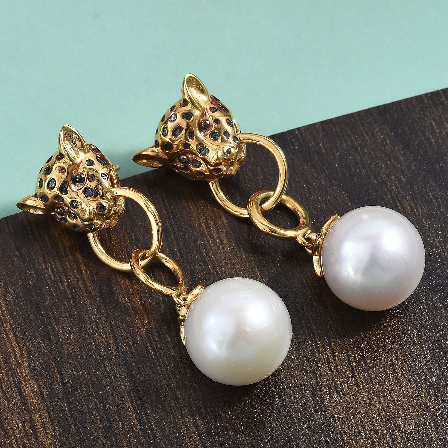 Edison Pearl Panther Head Drop Earrings (with Push Back) in 14K Gold Overlay Sterling Silver, Silver wt 10.45 Gms
