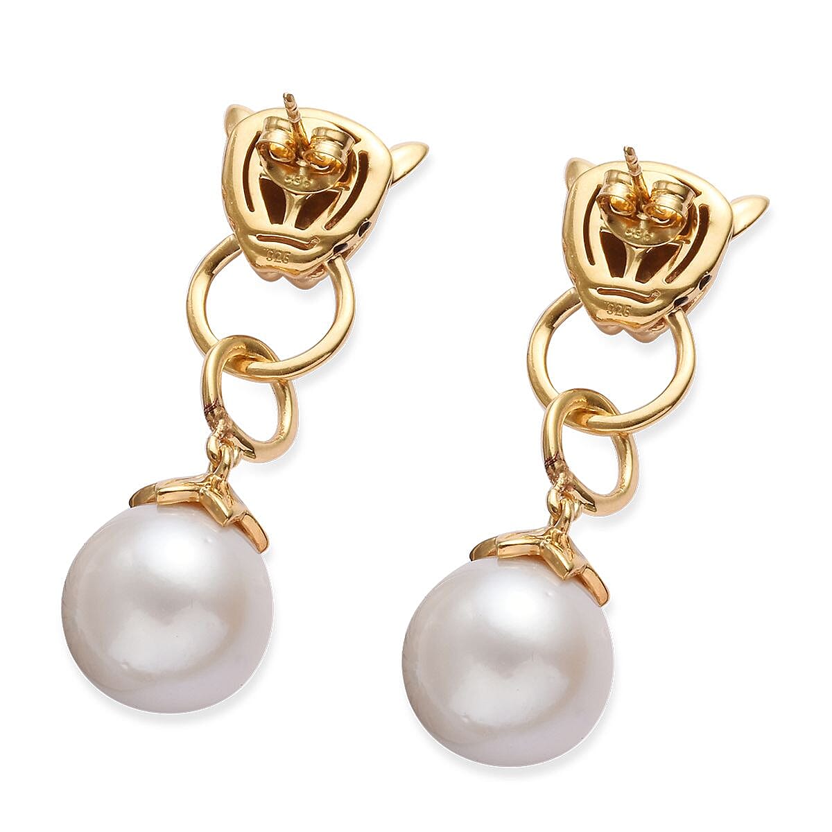 Edison Pearl Panther Head Drop Earrings (with Push Back) in 14K Gold Overlay Sterling Silver, Silver wt 10.45 Gms