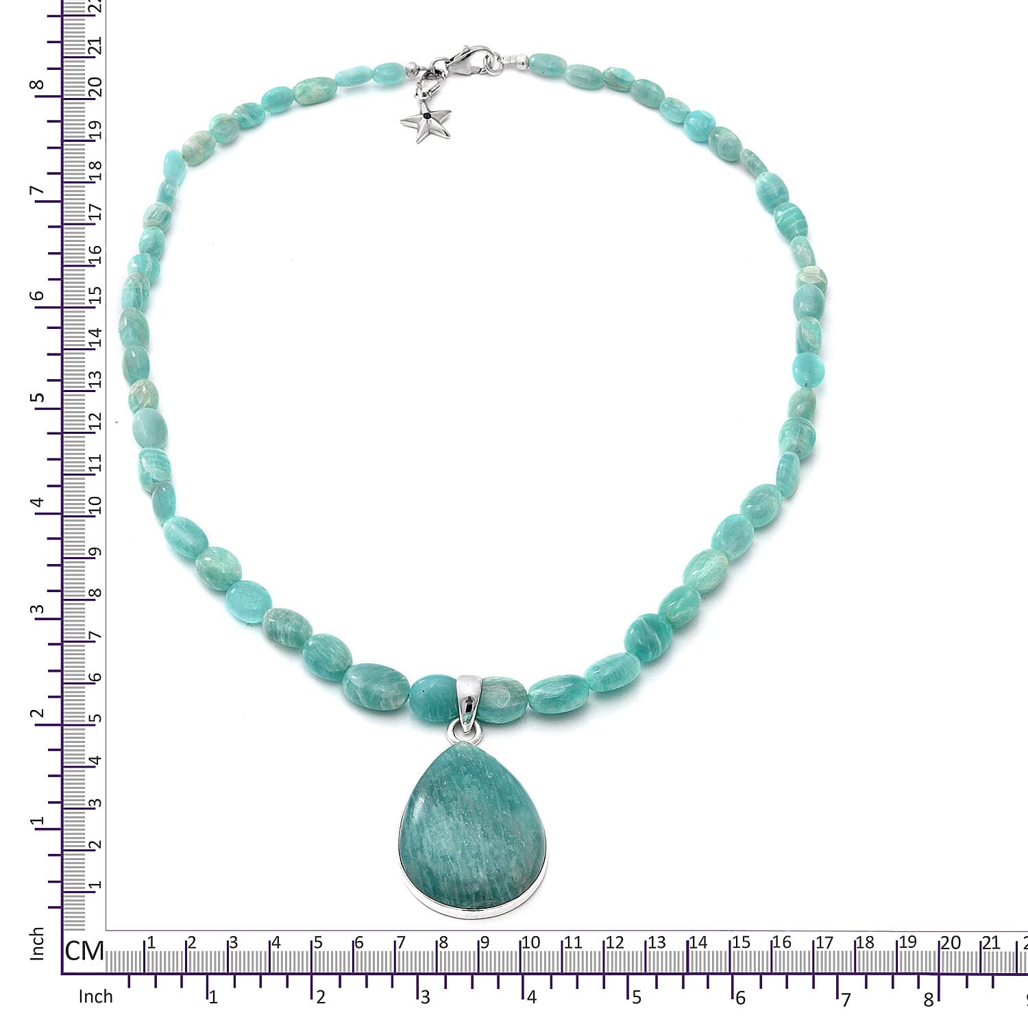 GP Italian Garden Collection - Amazonite Beads Necklace with Teardrop Pendant and Star Charm in Platinum Overlay Sterling Silver 150.03 Ct.