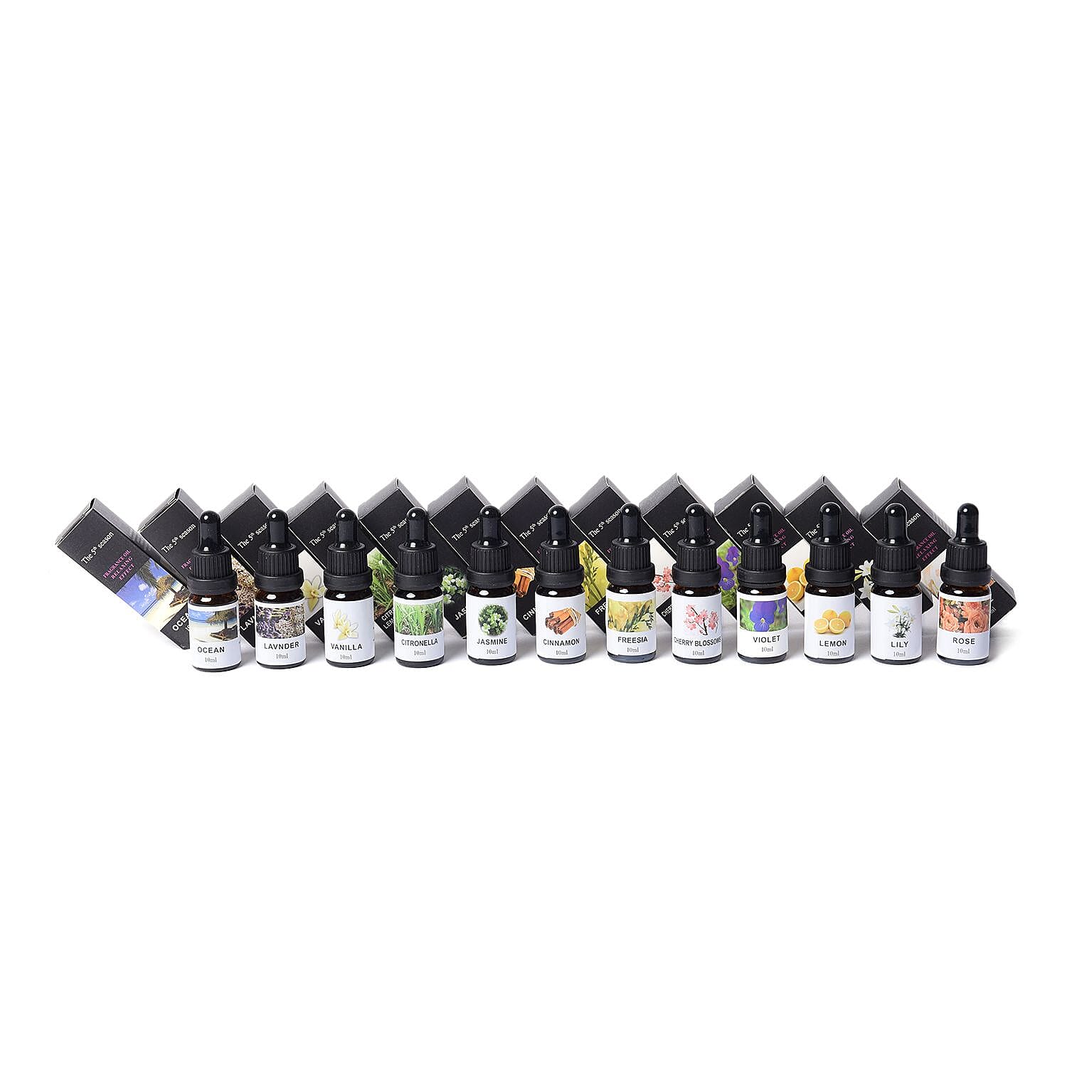 12 Piece Set - The 5th Season Fragrance Oils (Vanilla, Ocean, Rose, Lavender, Jasmine, Cinnamon, Lemon Grass, Violet, Freesia, Lily, Lemon, Cherry Blossom) - 10 ml each