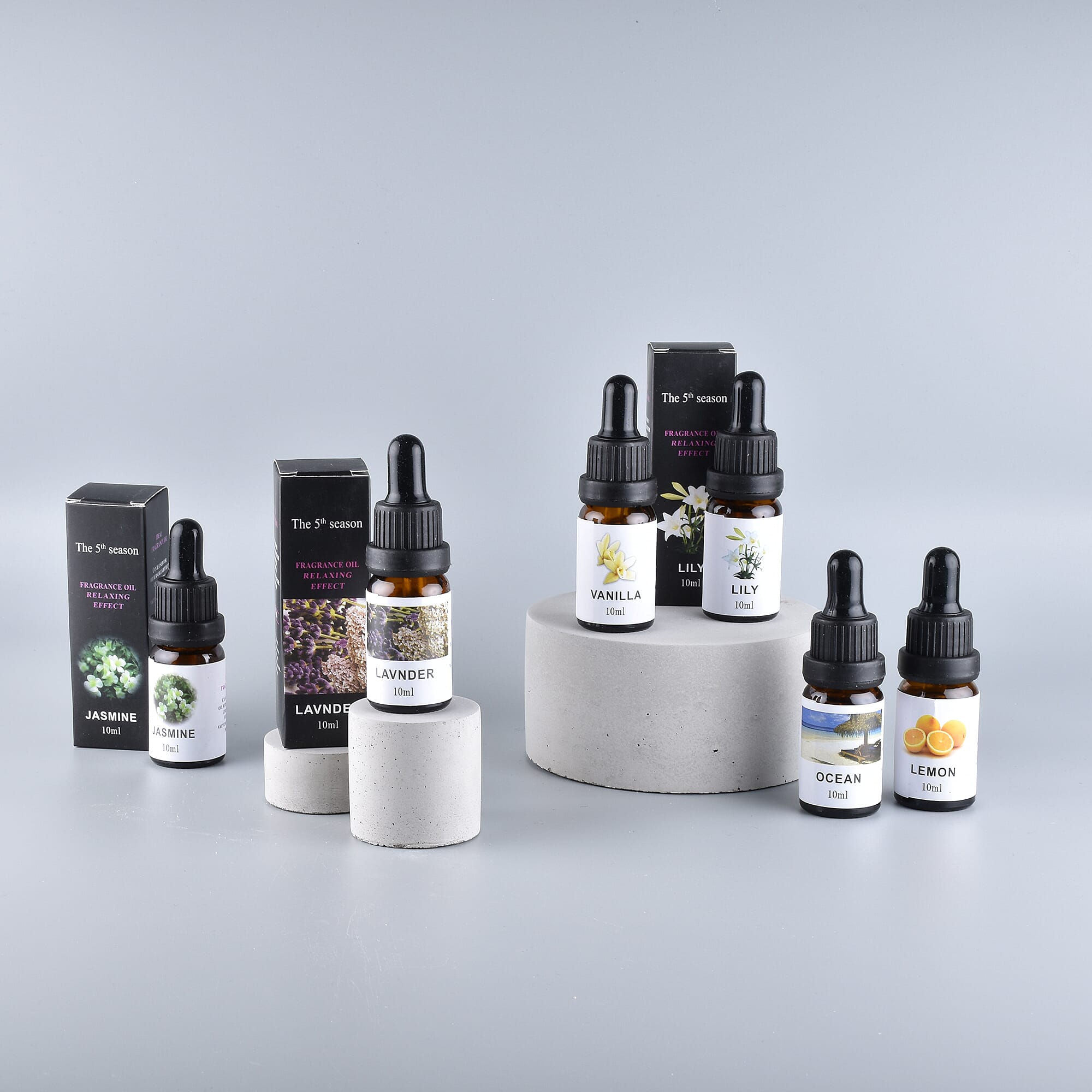 12 Piece Set - The 5th Season Fragrance Oils (Vanilla, Ocean, Rose, Lavender, Jasmine, Cinnamon, Lemon Grass, Violet, Freesia, Lily, Lemon, Cherry Blossom) - 10 ml each