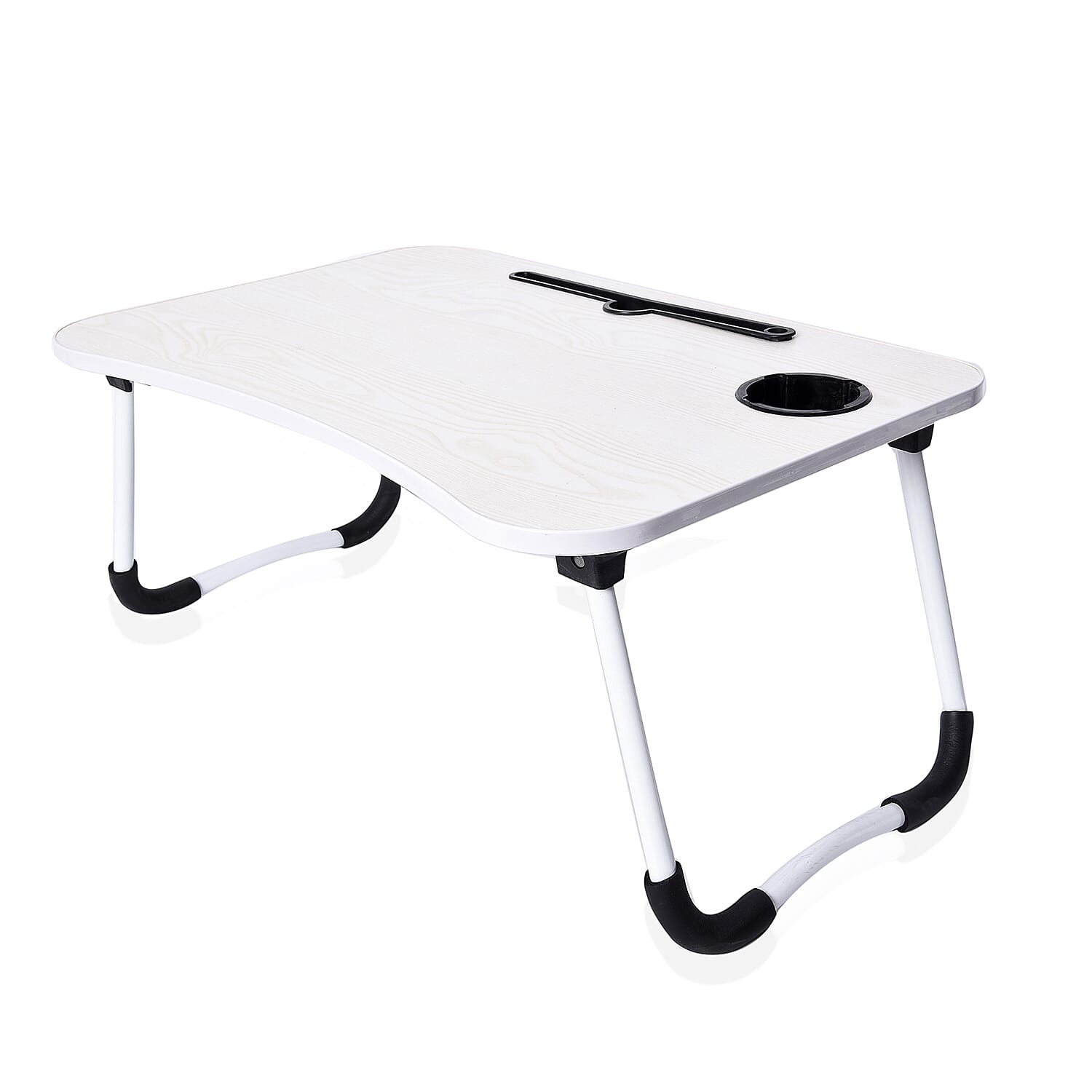 Multi-Function Folding Table with Cup and Tablet Holder (Size 60x37x27 Cm) - Cream White