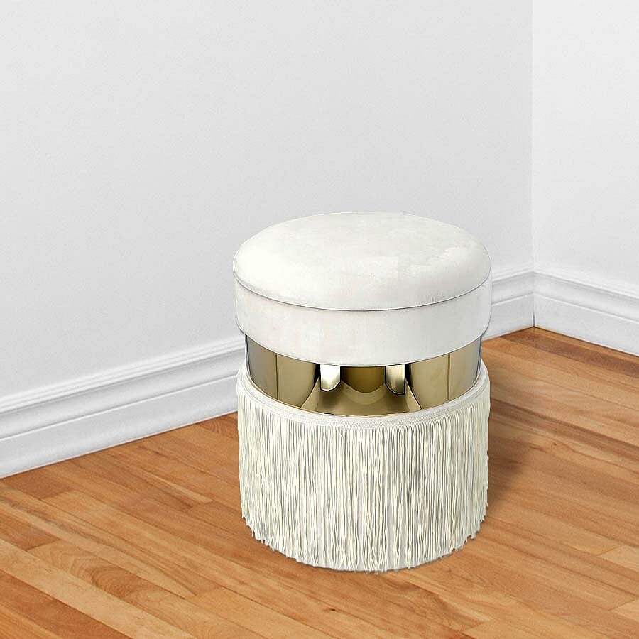 Storage Wooden Stool with Tassels (Size 33x33x40 cm) - Off White