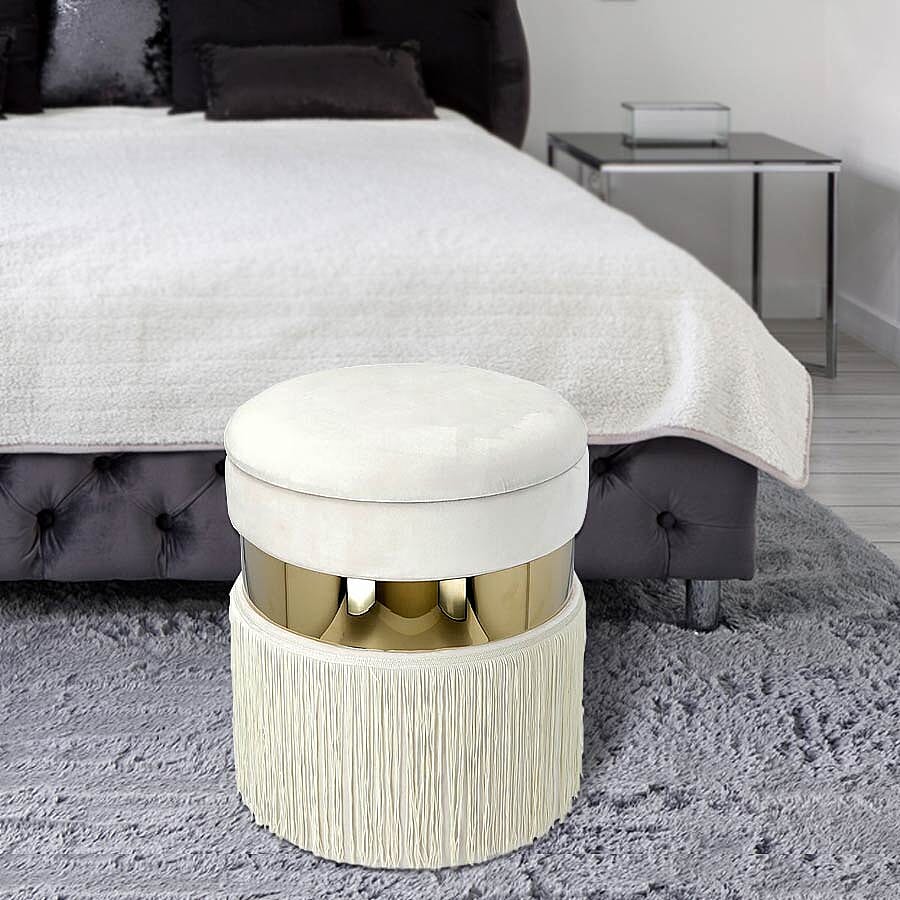 Storage Wooden Stool with Tassels (Size 33x33x40 cm) - Off White