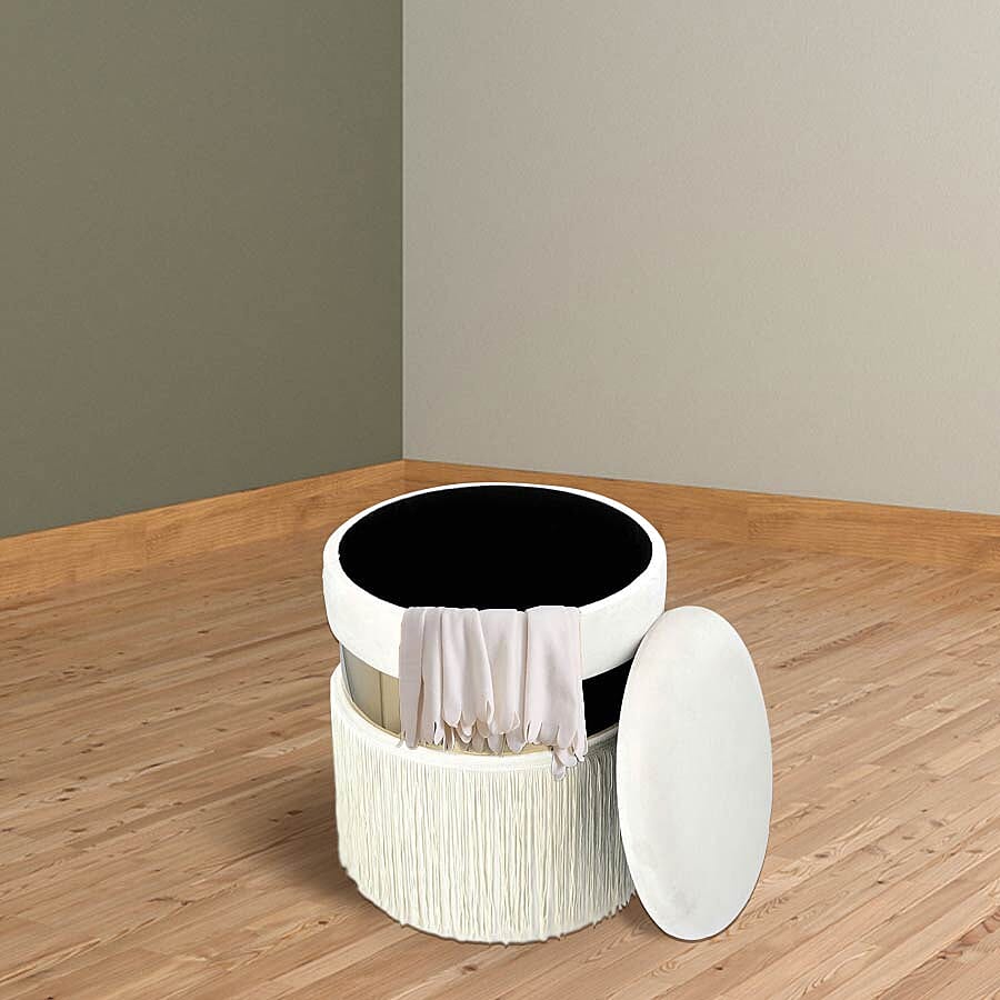 Storage Wooden Stool with Tassels (Size 33x33x40 cm) - Off White