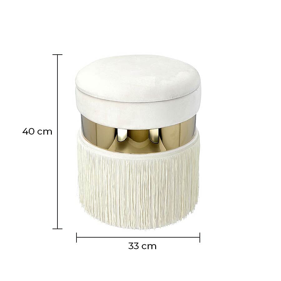 Storage Wooden Stool with Tassels (Size 33x33x40 cm) - Off White