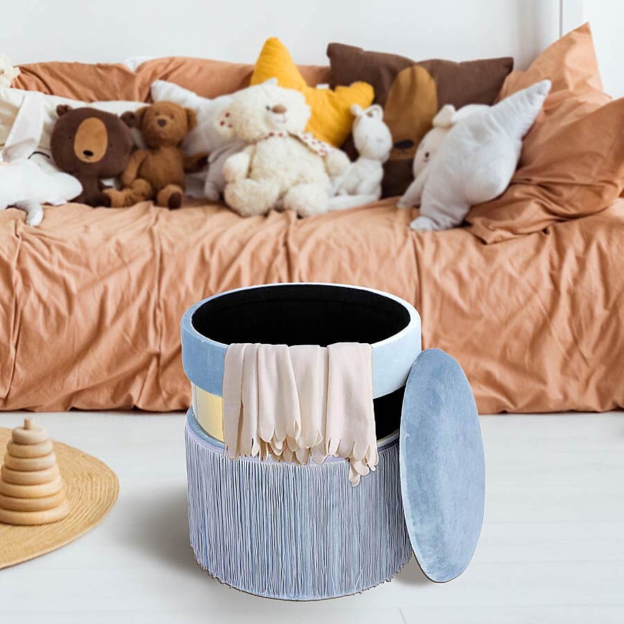 Storage Wooden Stool with Tassels (Size 33x33x40 cm) - Blue