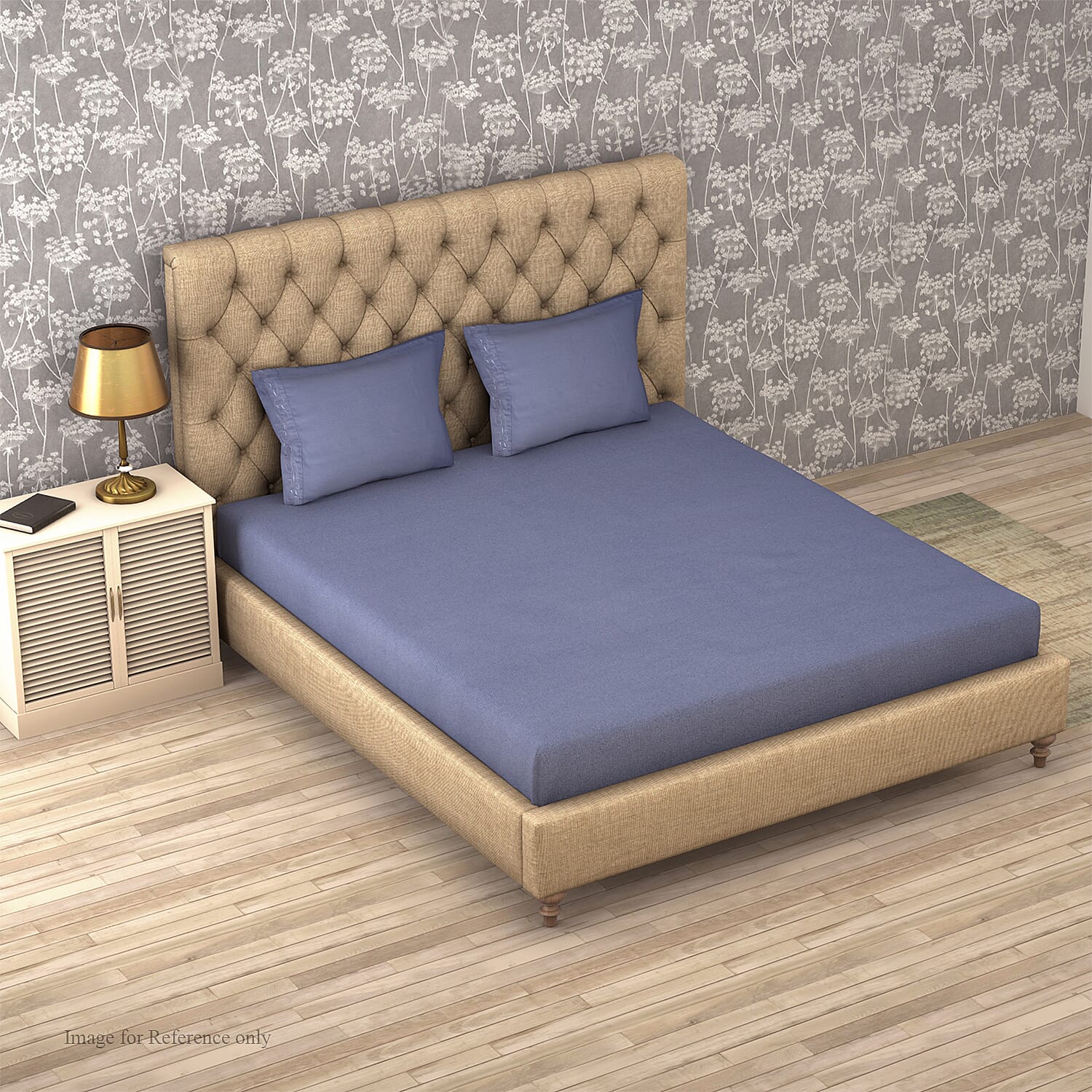 4 Piece Set - Solid Microfibre Sheet Set including Flat Sheet (275x265cm), Fitted Sheet (150x200-30cm) and 2 Embroidered Pillow Cases (50x75cm) - Blue - King