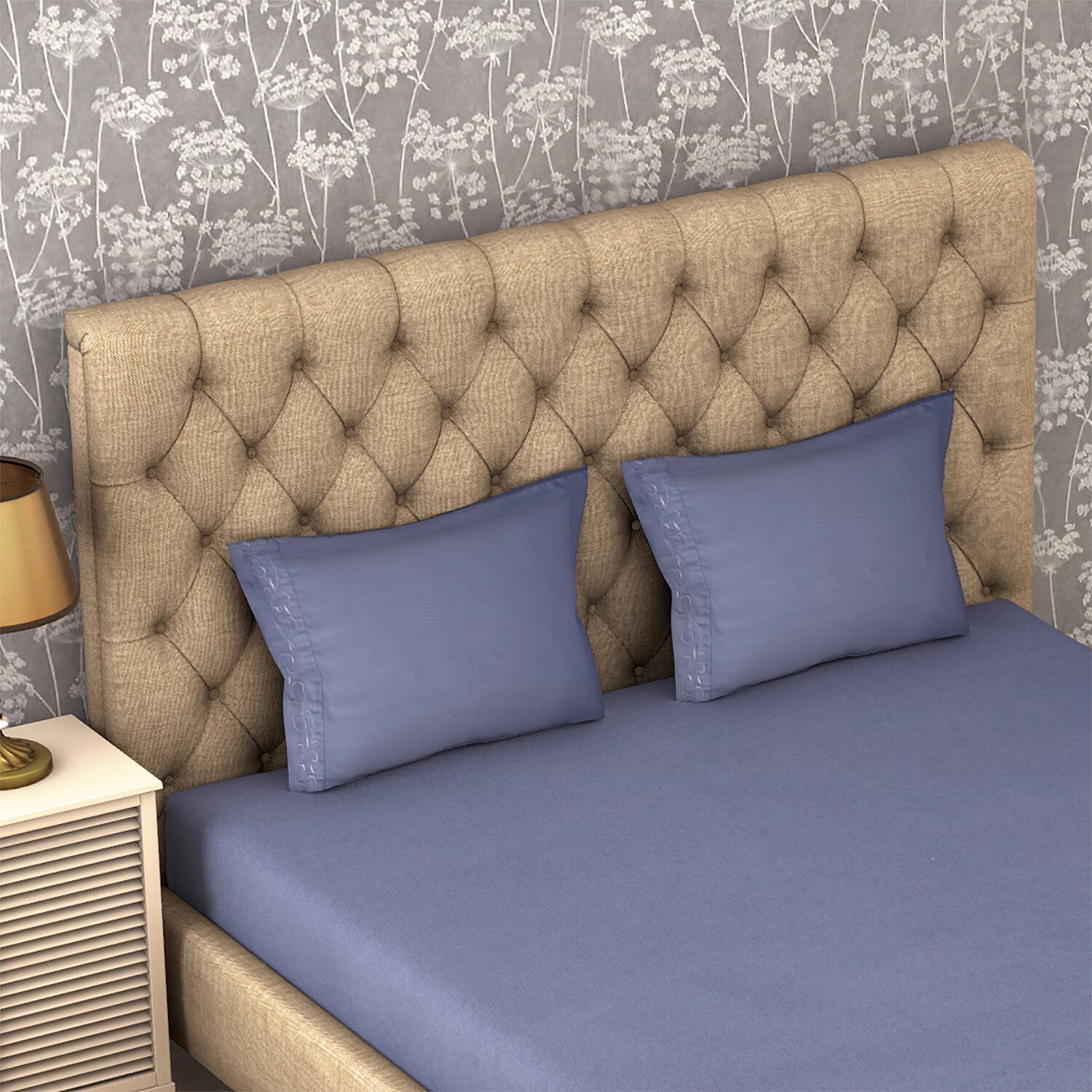 4 Piece Set - Solid Microfibre Sheet Set including Flat Sheet (275x265cm), Fitted Sheet (150x200-30cm) and 2 Embroidered Pillow Cases (50x75cm) - Blue - King