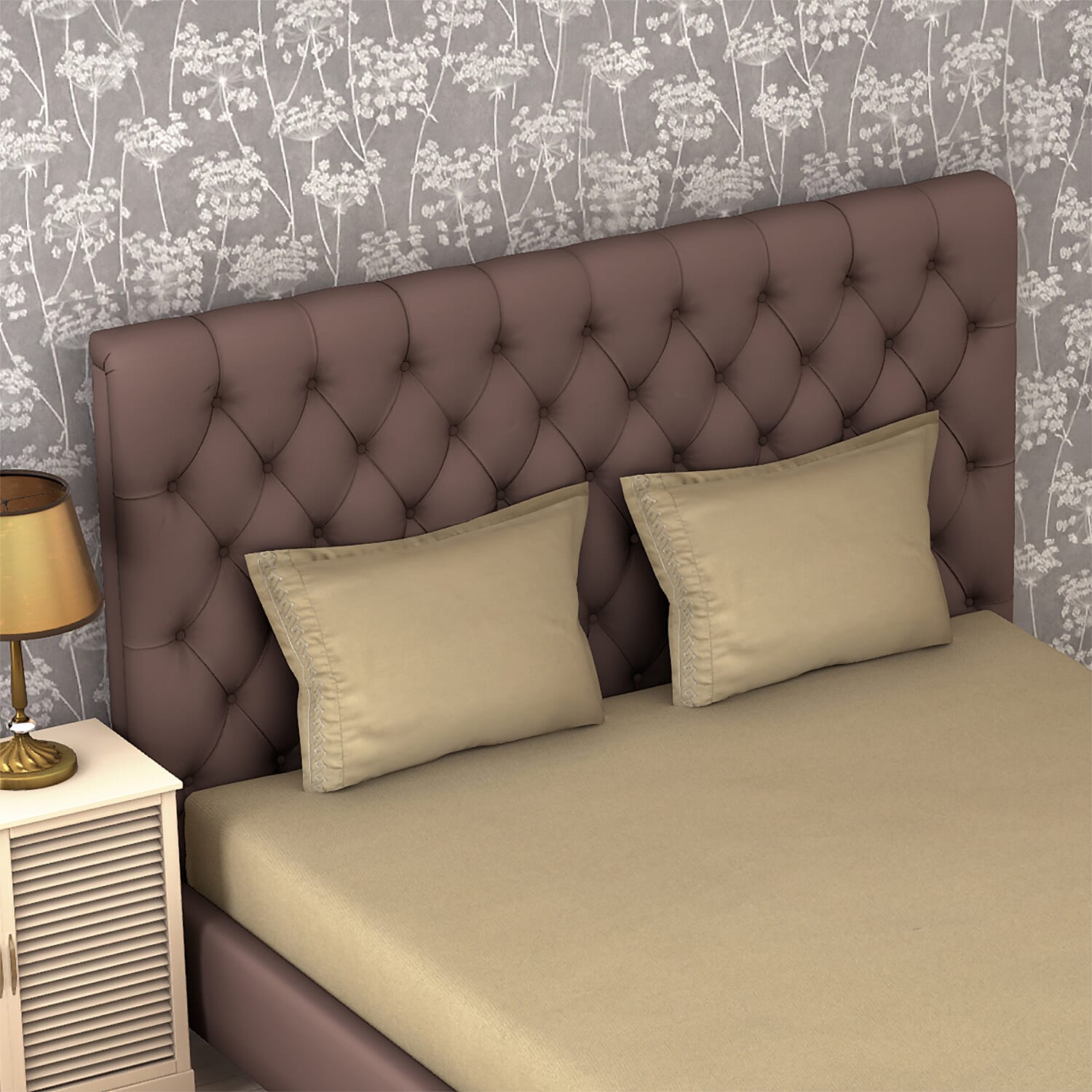 4 Piece Set - Solid Microfibre Sheet Set including Flat Sheet (275x265cm), Fitted Sheet (150x200-30cm) and 2 Embroidered Pillow Cases (50x75cm) - Khaki  - King