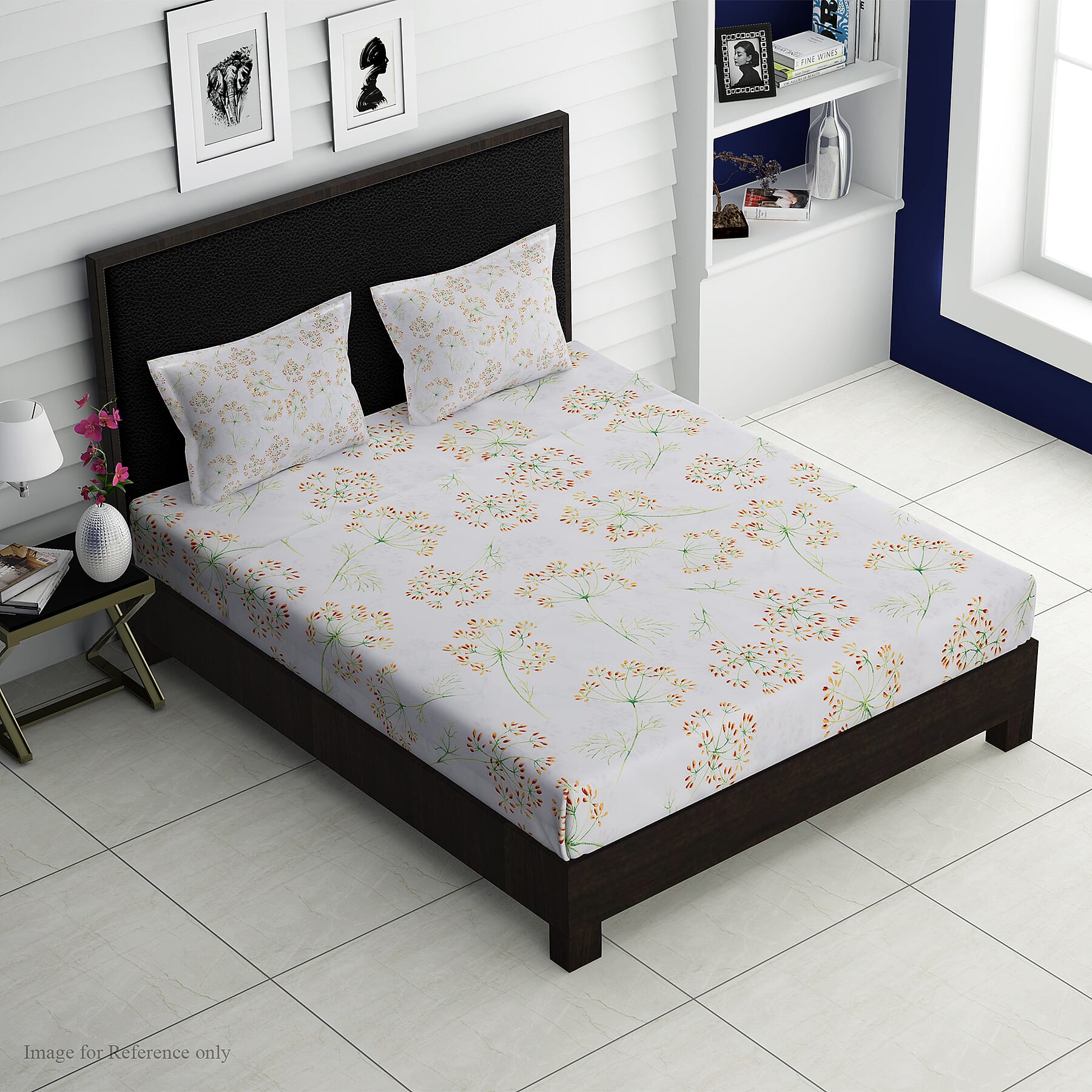 4 Piece Set : Floral Pattern Microfibre Sheet Set including Flat Sheet (275x265cm), Fitted Sheet (150x200+30cm) and 2 Pillow Cases (50x75cm) - White and Light Green - King