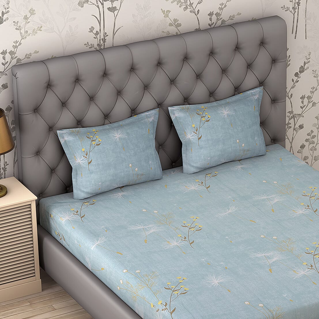 4 Piece Set : Floral Printed Microfibre Sheet Set including Flat Sheet (230x265cm), Fitted Sheet (140x190+30cm) and Pillow Cases (2Pcs - 50x75cm) (Size Double) - Pastel Blue