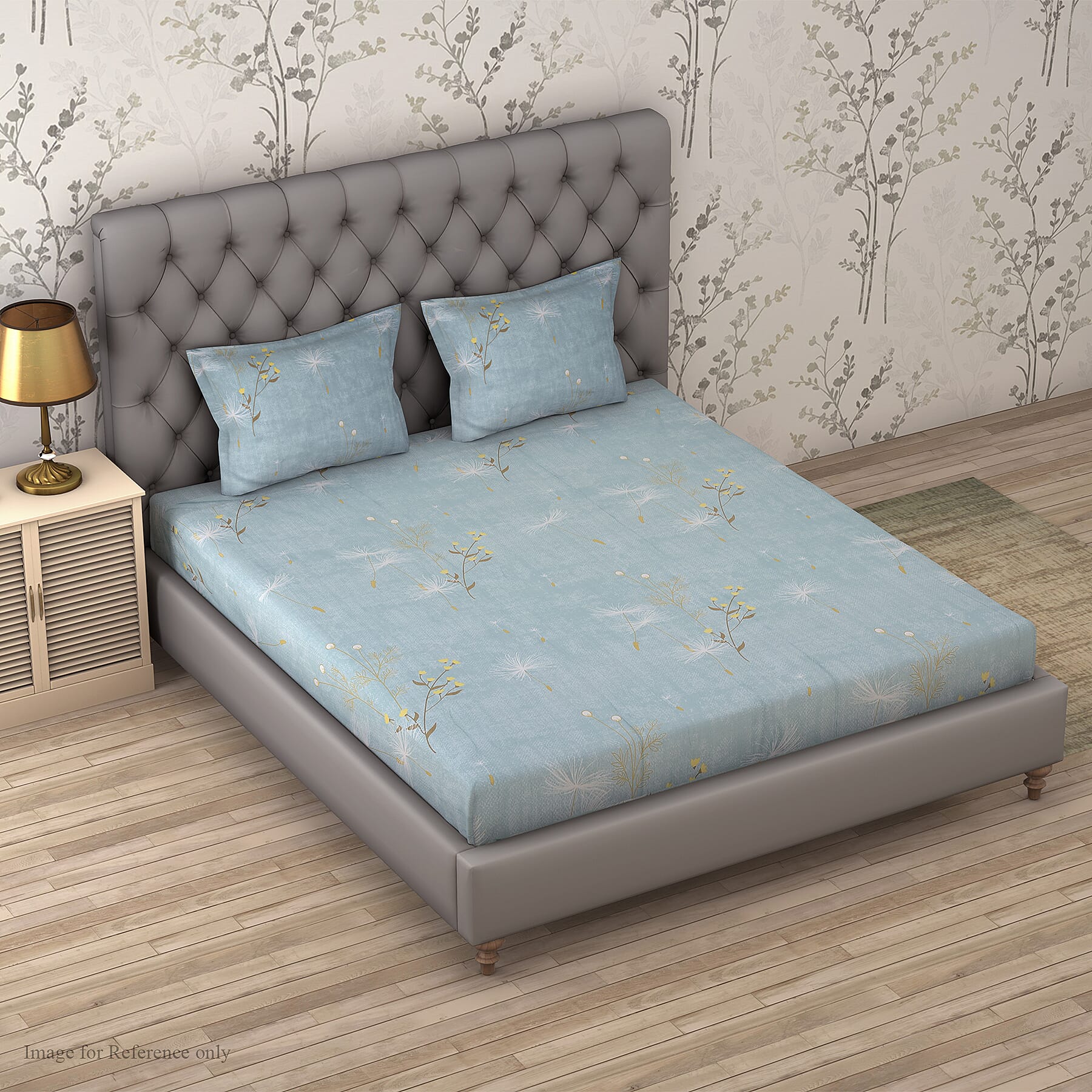 4 Piece Set : Floral Printed Microfibre Sheet Set including Flat Sheet (275x265cm), Fitted Sheet (150x200+30cm) and 2 Pillow Cases (50x75cm) (Size King) - Sky Blue