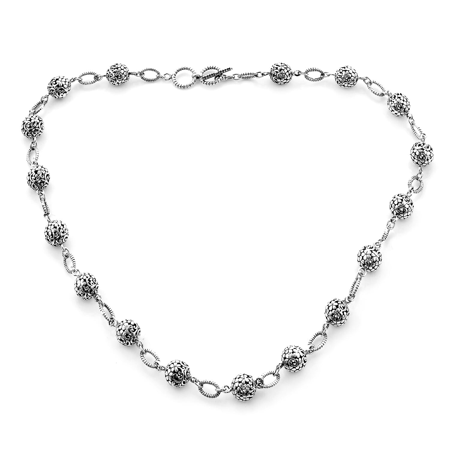 Bali Legacy Collection - Sterling Silver Floral Bead Station Link Adjustable Necklace (Size 20-20.5), Silver wt 31.40 Gms