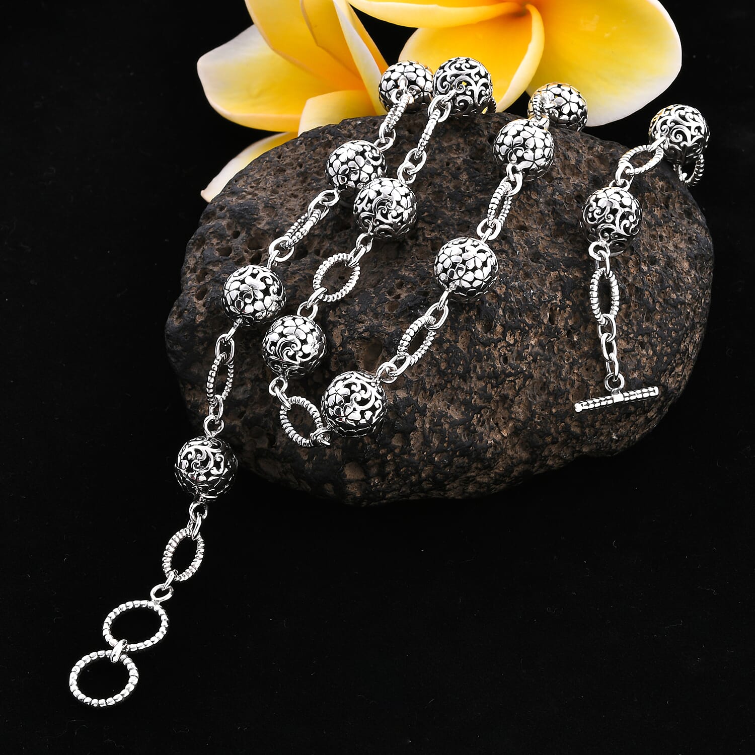 Bali Legacy Collection - Sterling Silver Floral Bead Station Link Adjustable Necklace (Size 20-20.5), Silver wt 31.40 Gms