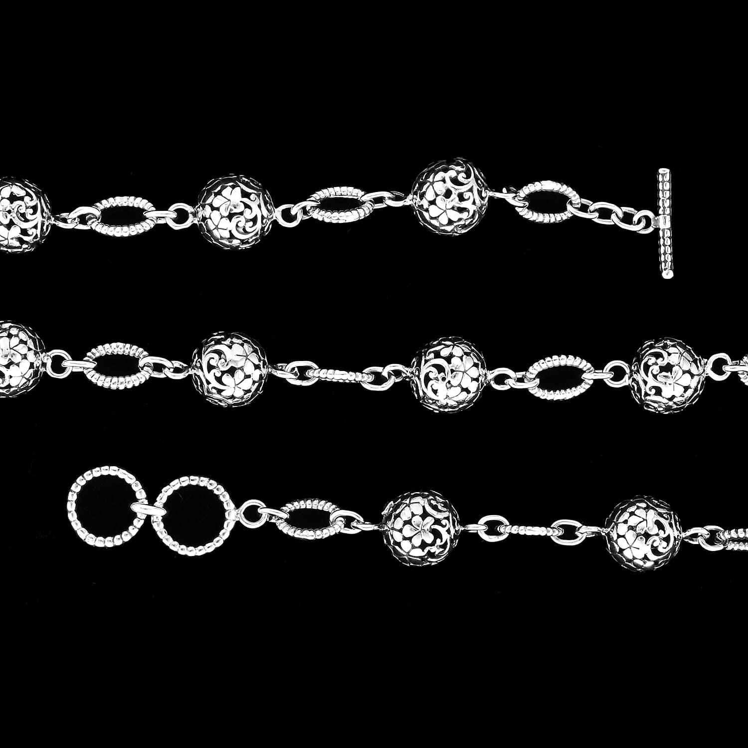 Bali Legacy Collection - Sterling Silver Floral Bead Station Link Adjustable Necklace (Size 20-20.5), Silver wt 31.40 Gms