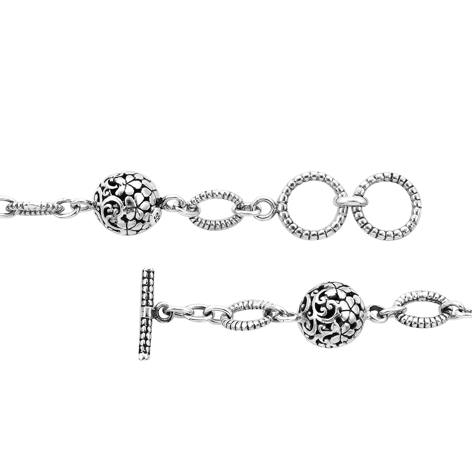 Bali Legacy Collection - Sterling Silver Floral Bead Station Link Adjustable Necklace (Size 20-20.5), Silver wt 31.40 Gms