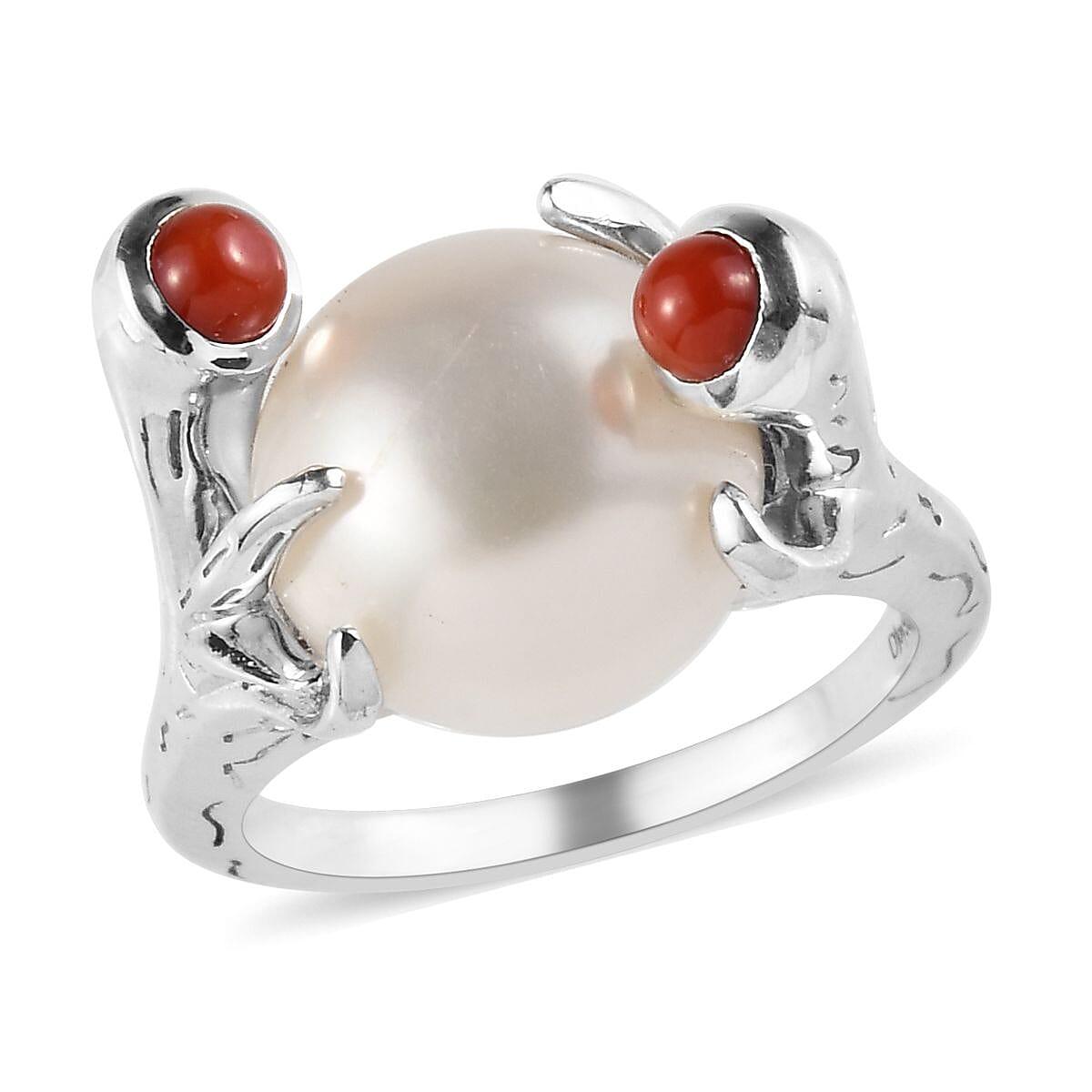 Sundays Child - Freshwater Pearl, Coral Ring in Platinum Overlay Sterling Silver, Silver wt. 5.00 Gms