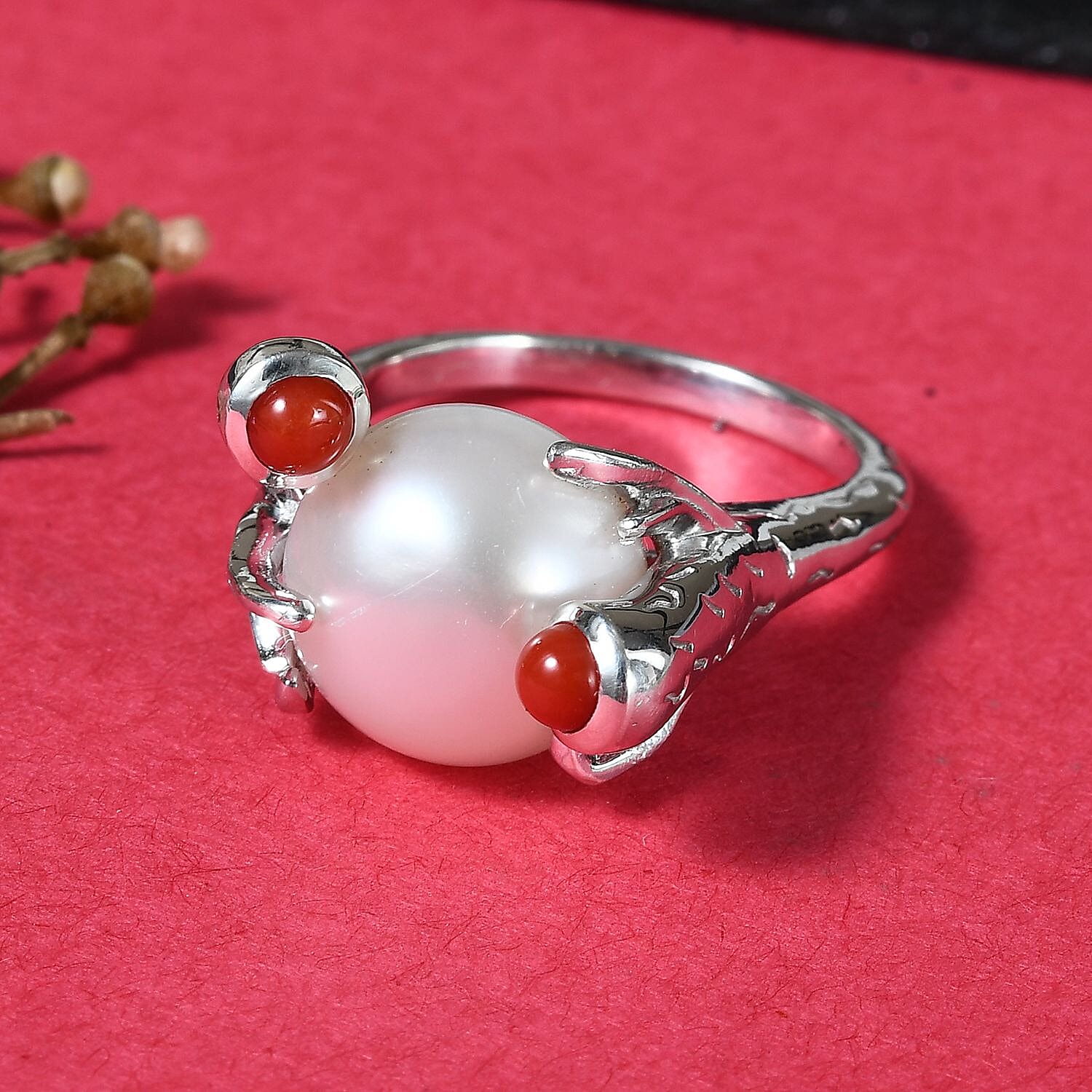 Sundays Child - Freshwater Pearl, Coral Ring in Platinum Overlay Sterling Silver, Silver wt. 5.00 Gms