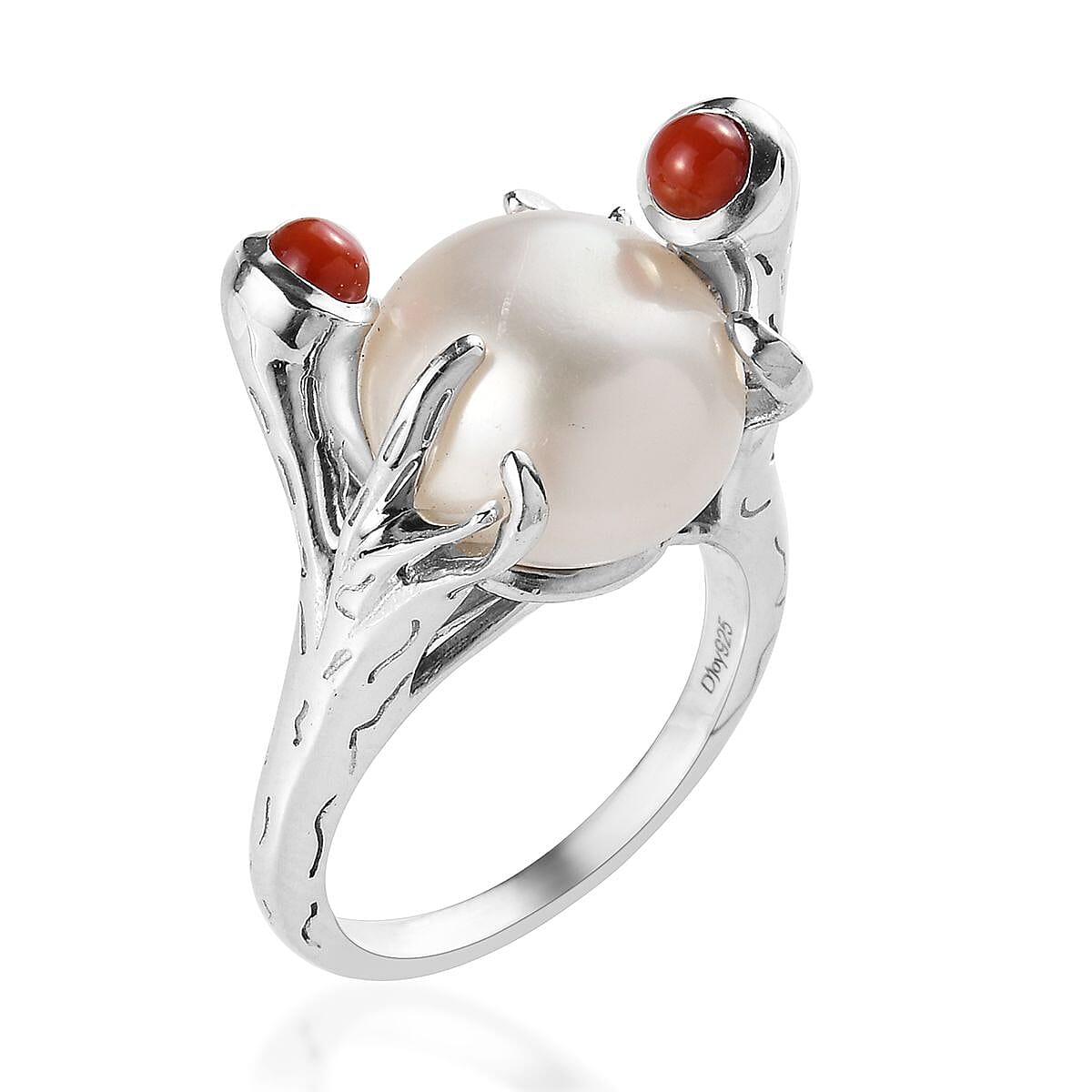 Sundays Child - Freshwater Pearl, Coral Ring in Platinum Overlay Sterling Silver, Silver wt. 5.00 Gms