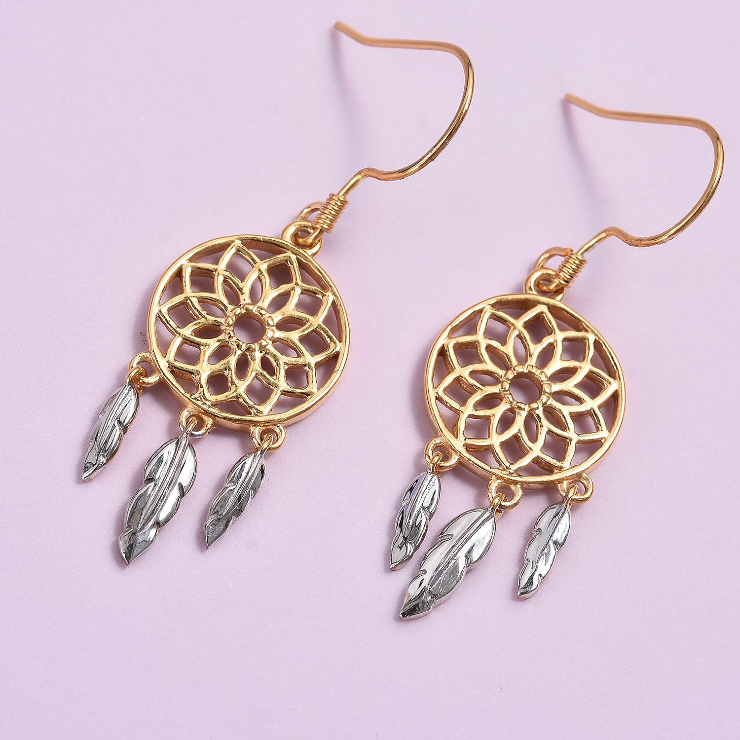 Platinum and Yellow Gold Overlay Sterling Silver Dreamcatcher Earrings