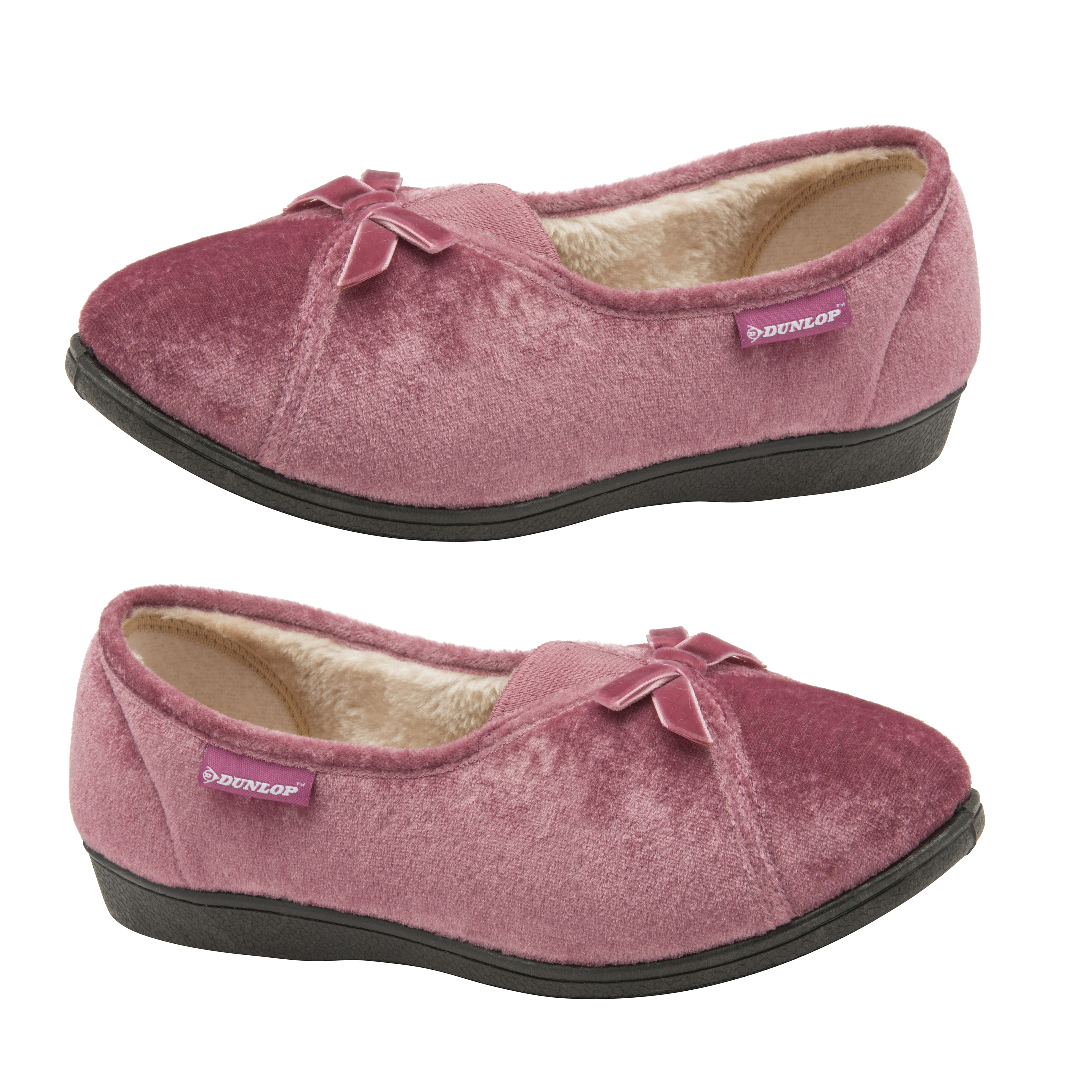 Dunlop Alice Ladies Velour Memory Foam Faux Fur Lined Full Slippers (Size 3) - Pink