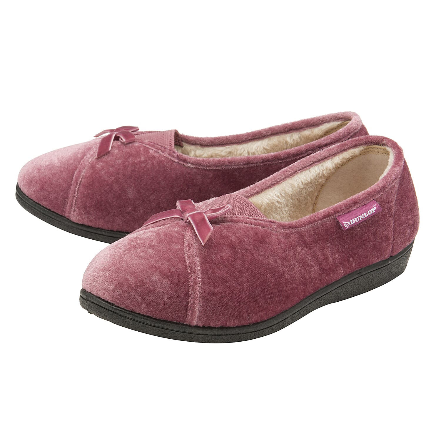 Dunlop Alice Ladies Velour Memory Foam Faux Fur Lined Full Slippers (Size 3) - Pink
