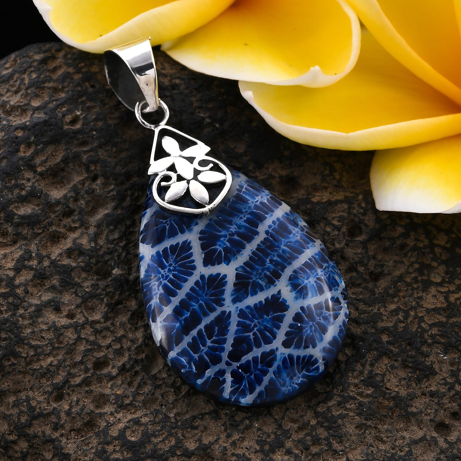 Royal Bali Collection - Blue Coral Pendant in Sterling Silver