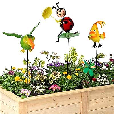 3 Piece Set - Decorative Chicken, Beetle and Bird Windmill (Height 50-55cm) - Yellow, Red and Green