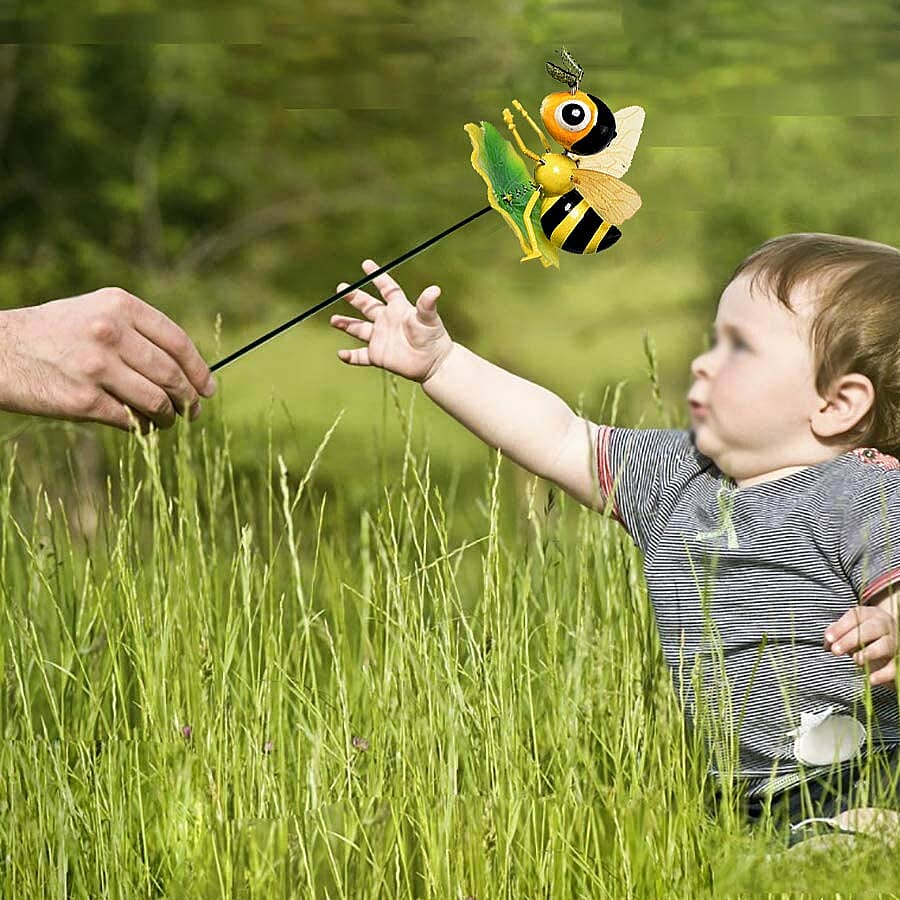 3 Piece Set - Decorative Frog, Bee and Butterfly Windmill (Height 48-51cm) - Green and Yellow