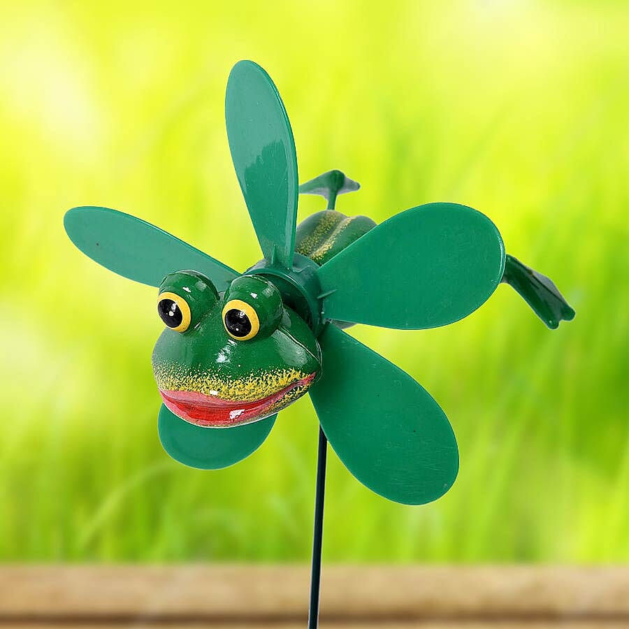 3 Piece Set - Decorative Frog, Bee and Butterfly Windmill (Height 48-51cm) - Green and Yellow