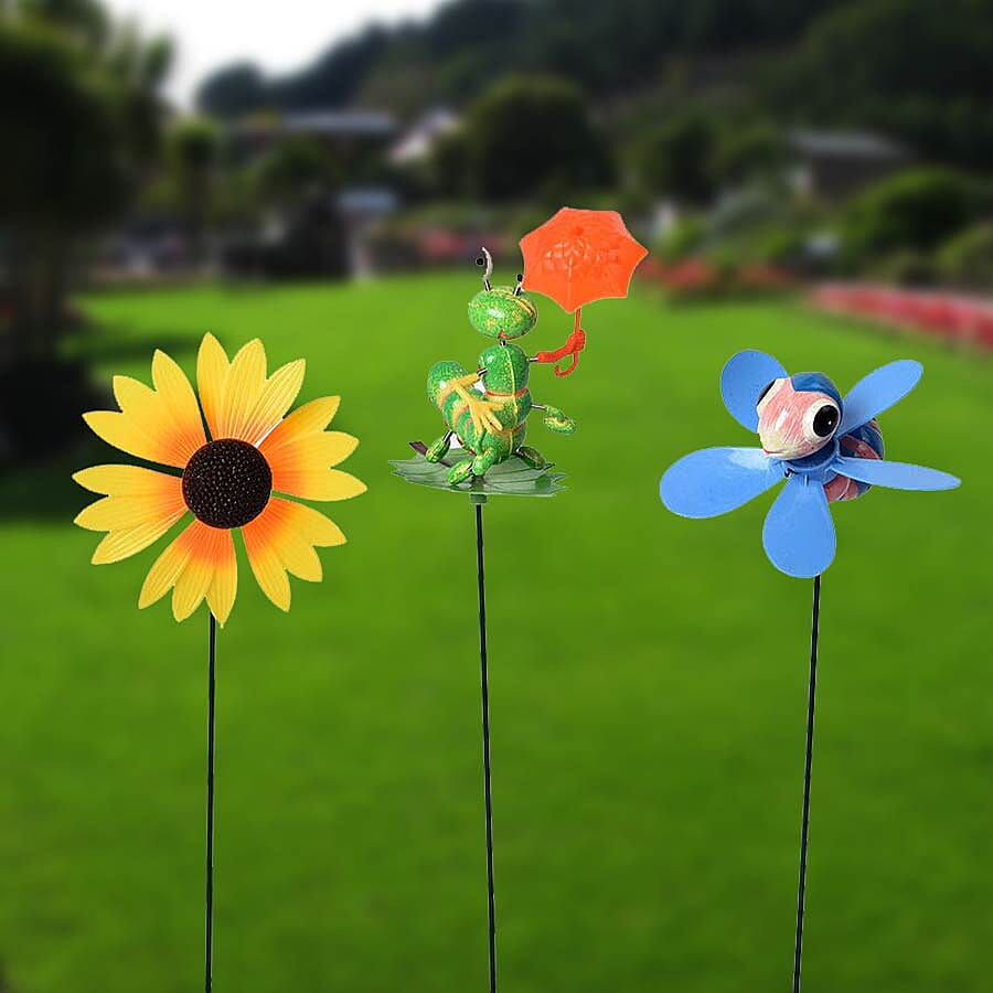 3 Piece Set - Decorative Bee, Sunflower and Caterpillar Windmill (Height 48-56cm) - Blue, Yellow and Green
