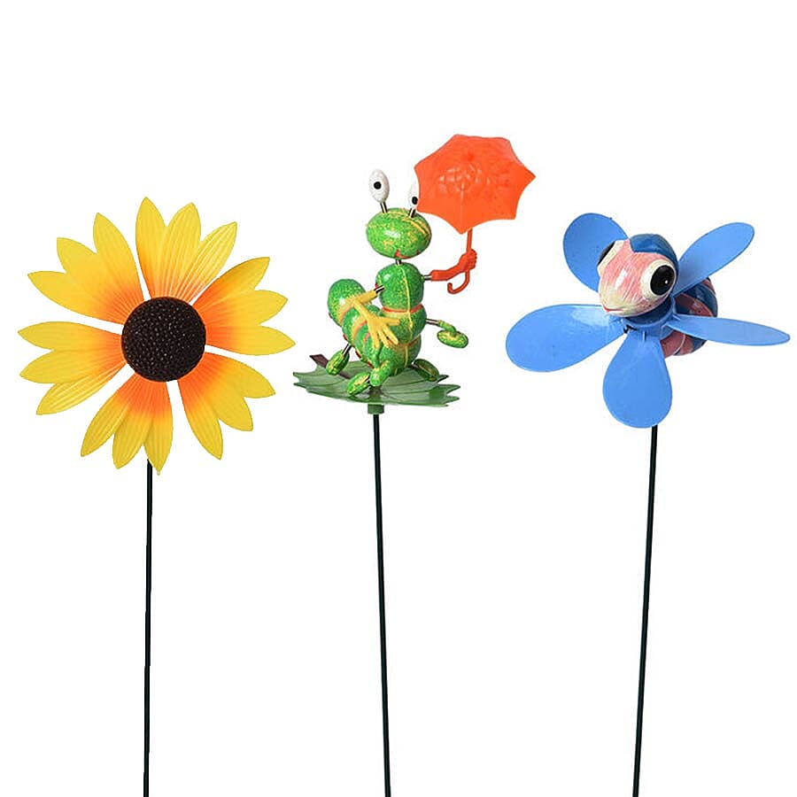 3 Piece Set - Decorative Bee, Sunflower and Caterpillar Windmill (Height 48-56cm) - Blue, Yellow and Green