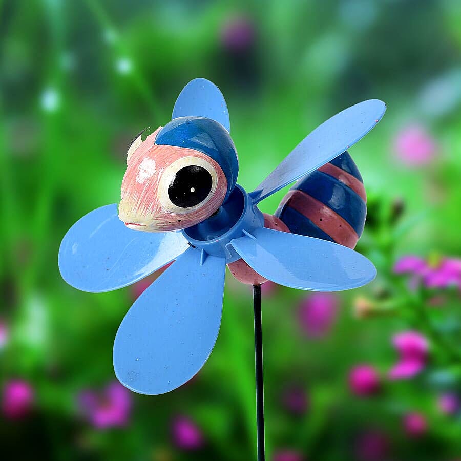 3 Piece Set - Decorative Bee, Sunflower and Caterpillar Windmill (Height 48-56cm) - Blue, Yellow and Green