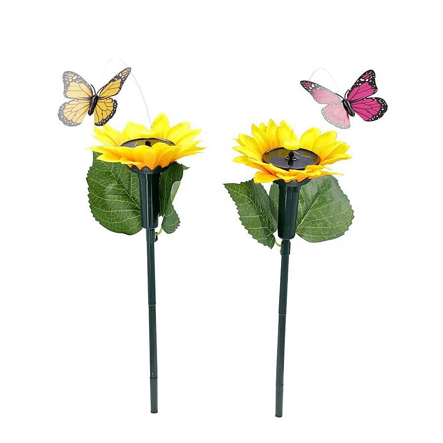 Set of 2 - Solar Fluttering Butterfly with Sunflower (Height 39 Cm) - Yellow, Green and Pink