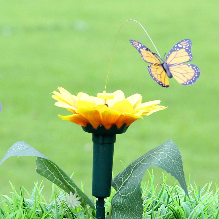 Set of 2 - Solar Fluttering Butterfly with Sunflower (Height 39 Cm) - Yellow, Green and Pink