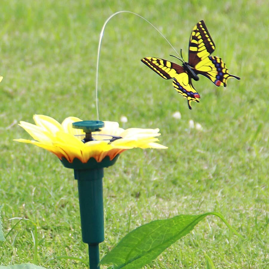 Set of 2 - Solar Fluttering Butterfly with Sunflower (Height 39 Cm) - Yellow, Green and Pink