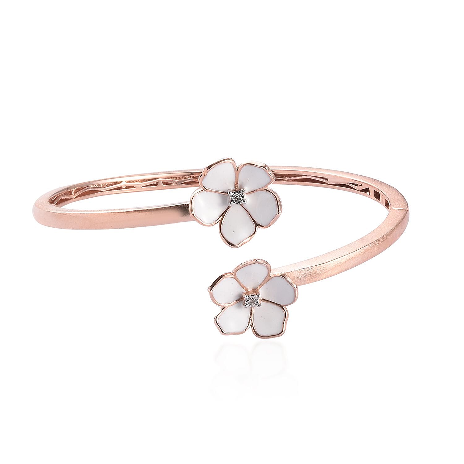 Diamond Floral Eanmelled Bangle (Size 7.5) in Rose Gold Tone