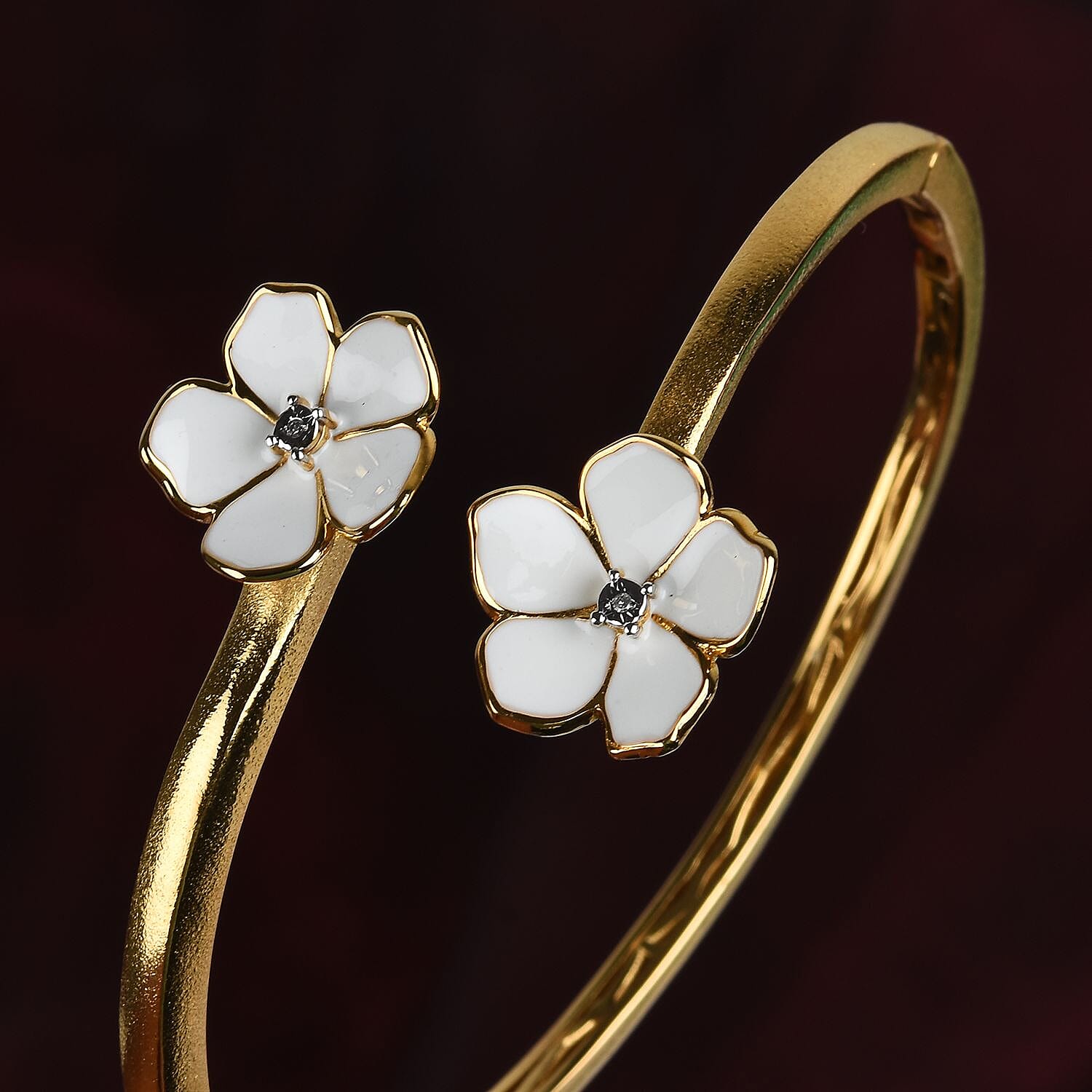 Diamond Floral Eanmelled Bangle (Size 7.5) in Rose Gold Tone