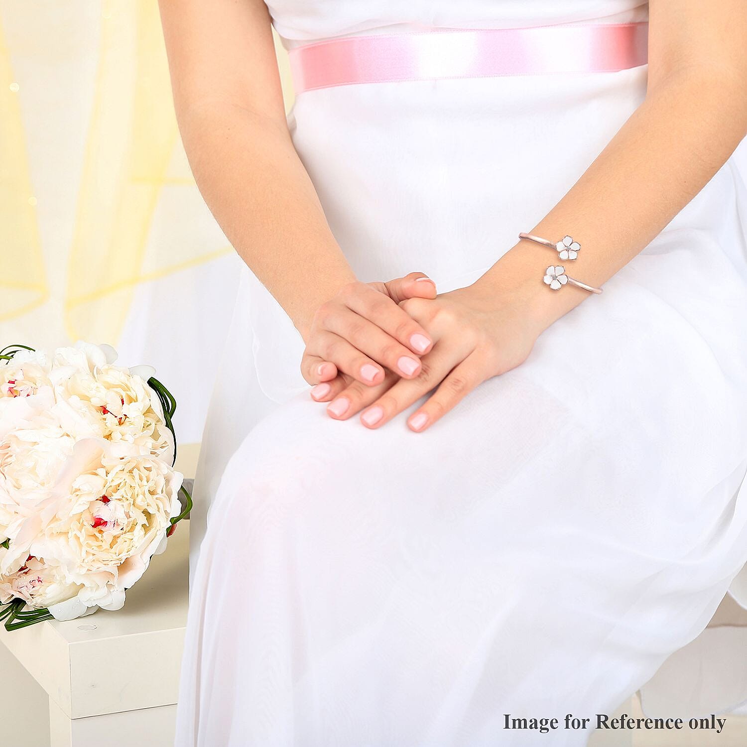 Diamond Floral Eanmelled Bangle (Size 7.5) in Rose Gold Tone