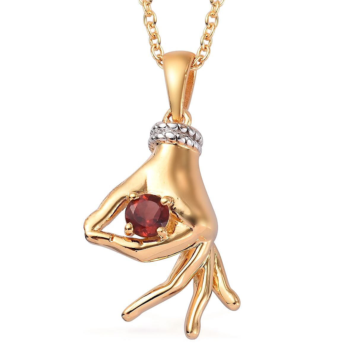 AA Mozambique Garnet Mudra Hand Pendant With Chain (Size 20) in Yellow Gold and Platinum Overlay Sterling Silver 0.35 Ct, Silver wt. 6.96 Gms
