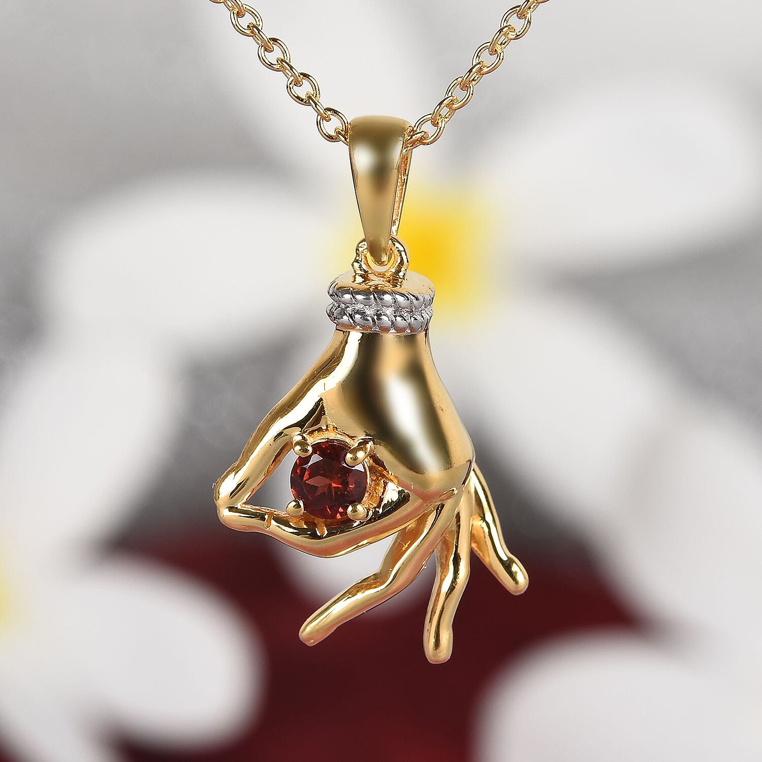 AA Mozambique Garnet Mudra Hand Pendant With Chain (Size 20) in Yellow Gold and Platinum Overlay Sterling Silver 0.35 Ct, Silver wt. 6.96 Gms