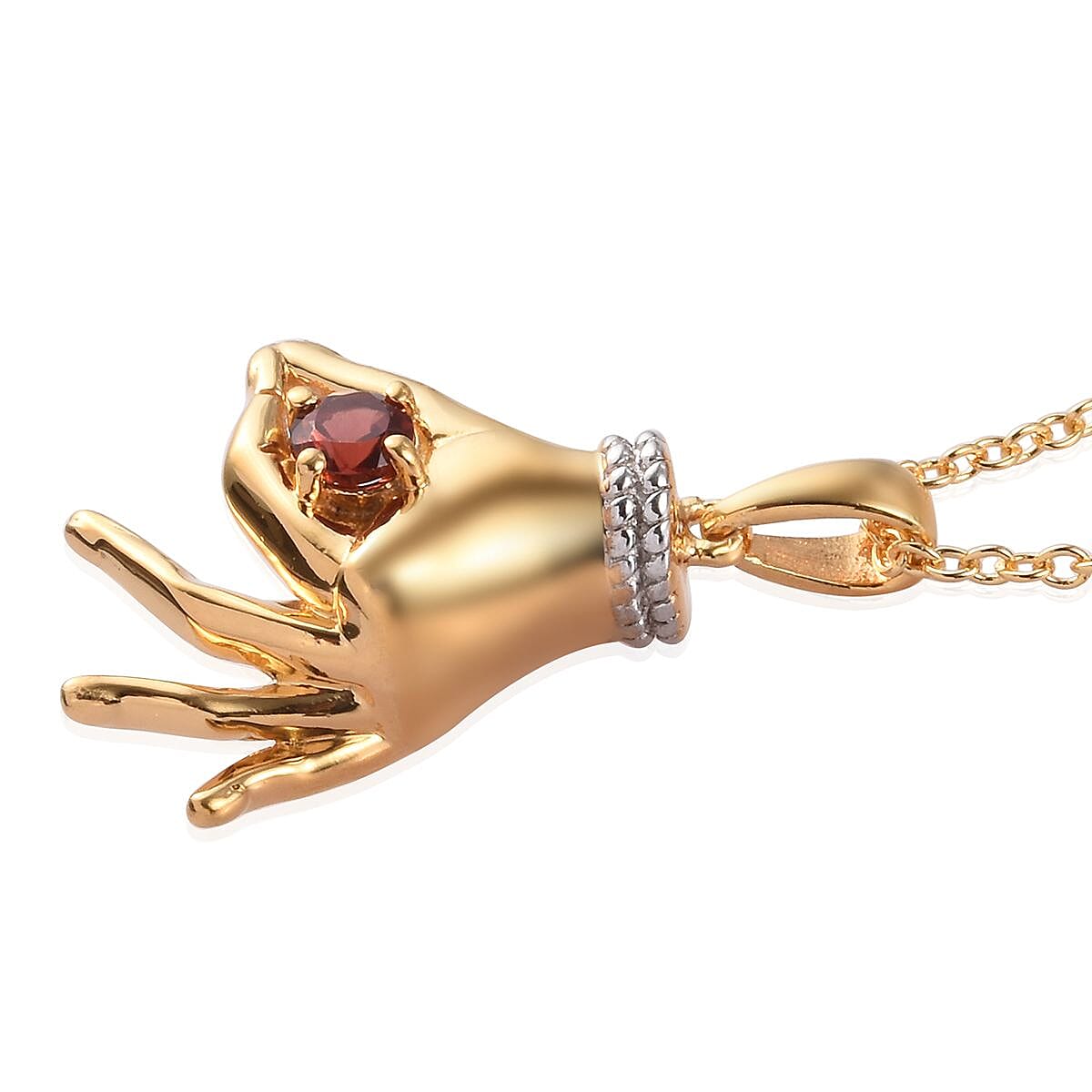 AA Mozambique Garnet Mudra Hand Pendant With Chain (Size 20) in Yellow Gold and Platinum Overlay Sterling Silver 0.35 Ct, Silver wt. 6.96 Gms