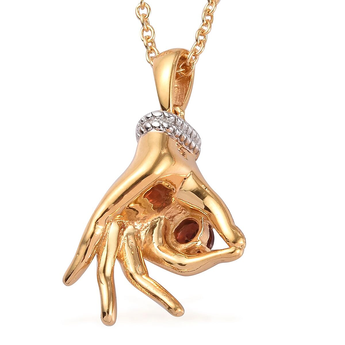 AA Mozambique Garnet Mudra Hand Pendant With Chain (Size 20) in Yellow Gold and Platinum Overlay Sterling Silver 0.35 Ct, Silver wt. 6.96 Gms