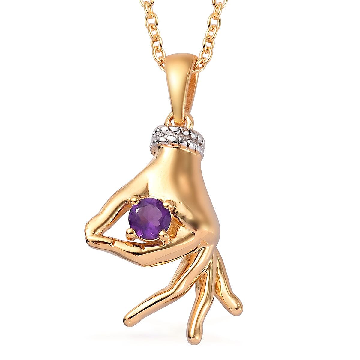 AA Amethyst Mudra Hand Pendant With Chain (Size 20) in Yellow Gold and Platinum Overlay Sterling Silver 0.25 Ct, Silver wt. 8.40 Gms