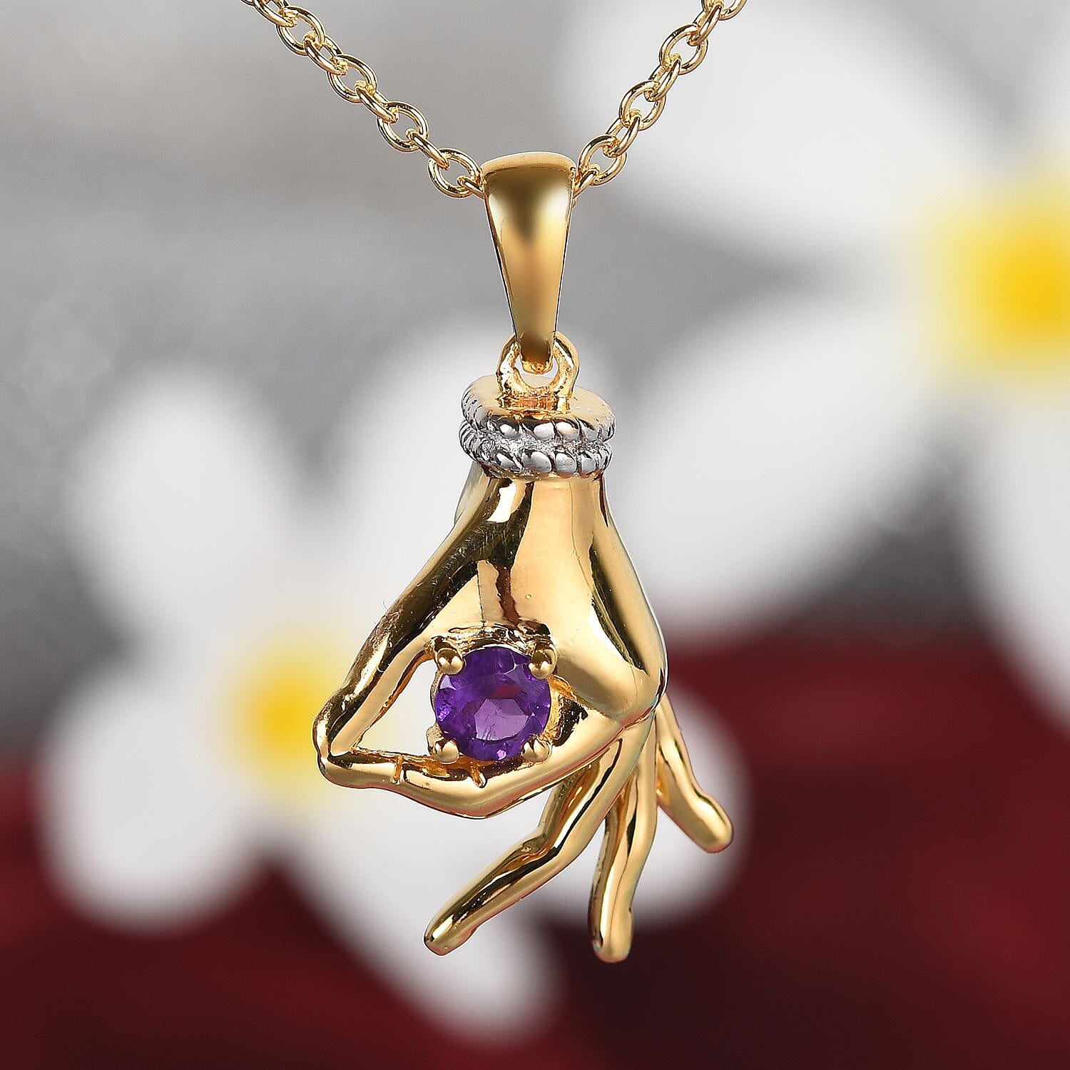 AA Amethyst Mudra Hand Pendant With Chain (Size 20) in Yellow Gold and Platinum Overlay Sterling Silver 0.25 Ct, Silver wt. 8.40 Gms